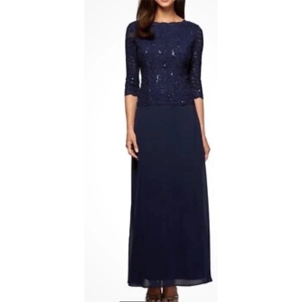 Alex Evenings royal blue  Gown Sequin Embellish Lace Chiffon  Skirt Sz-12